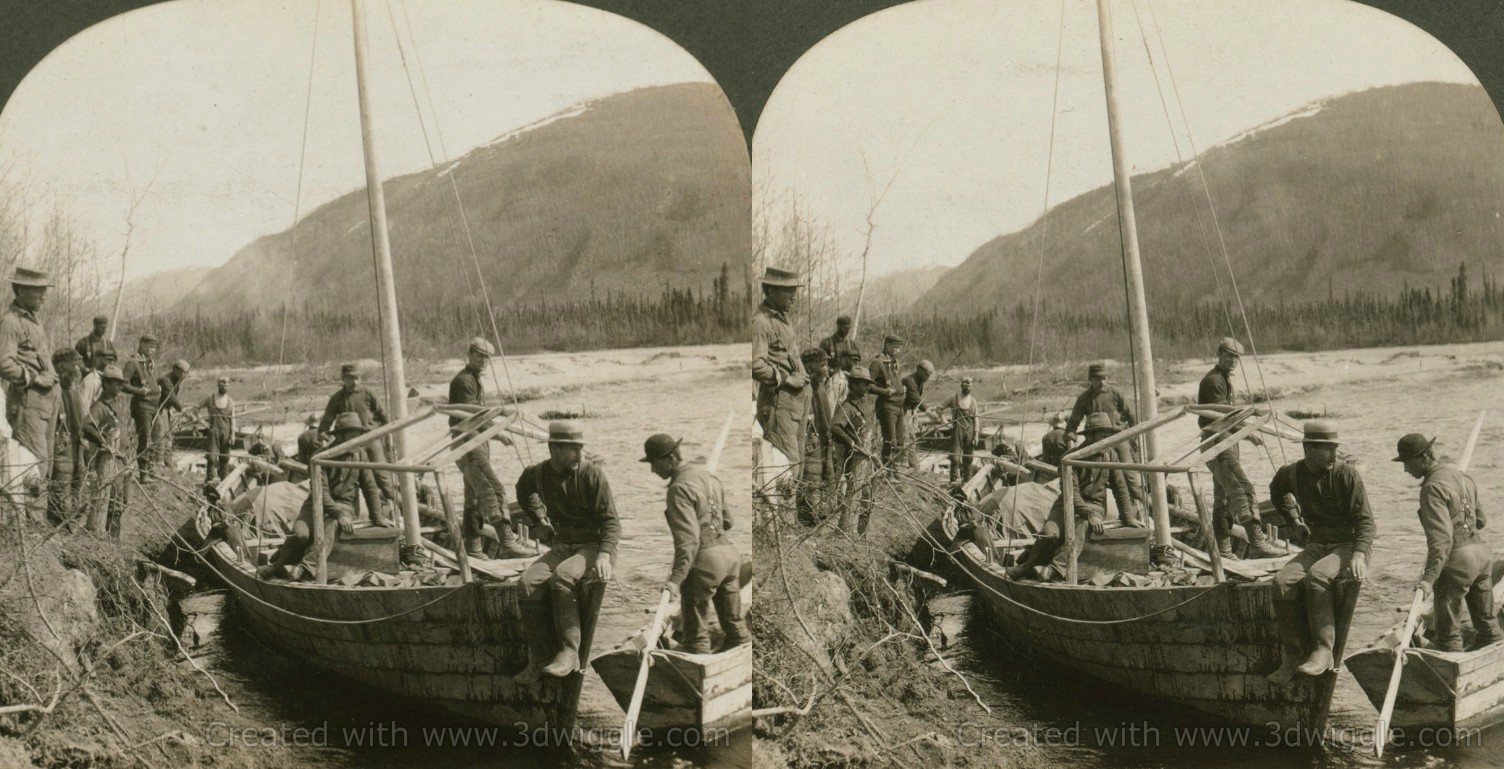 Men on a boat vintage stereo card, New York Public Library